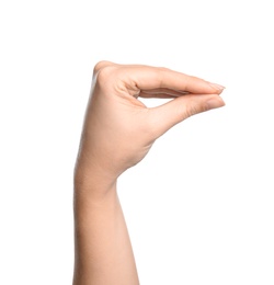 Photo of Woman showing word no on white background, closeup. Sign language