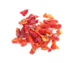 Photo of Aromatic spice. Pile of red chili pepper flakes isolated on white, top view