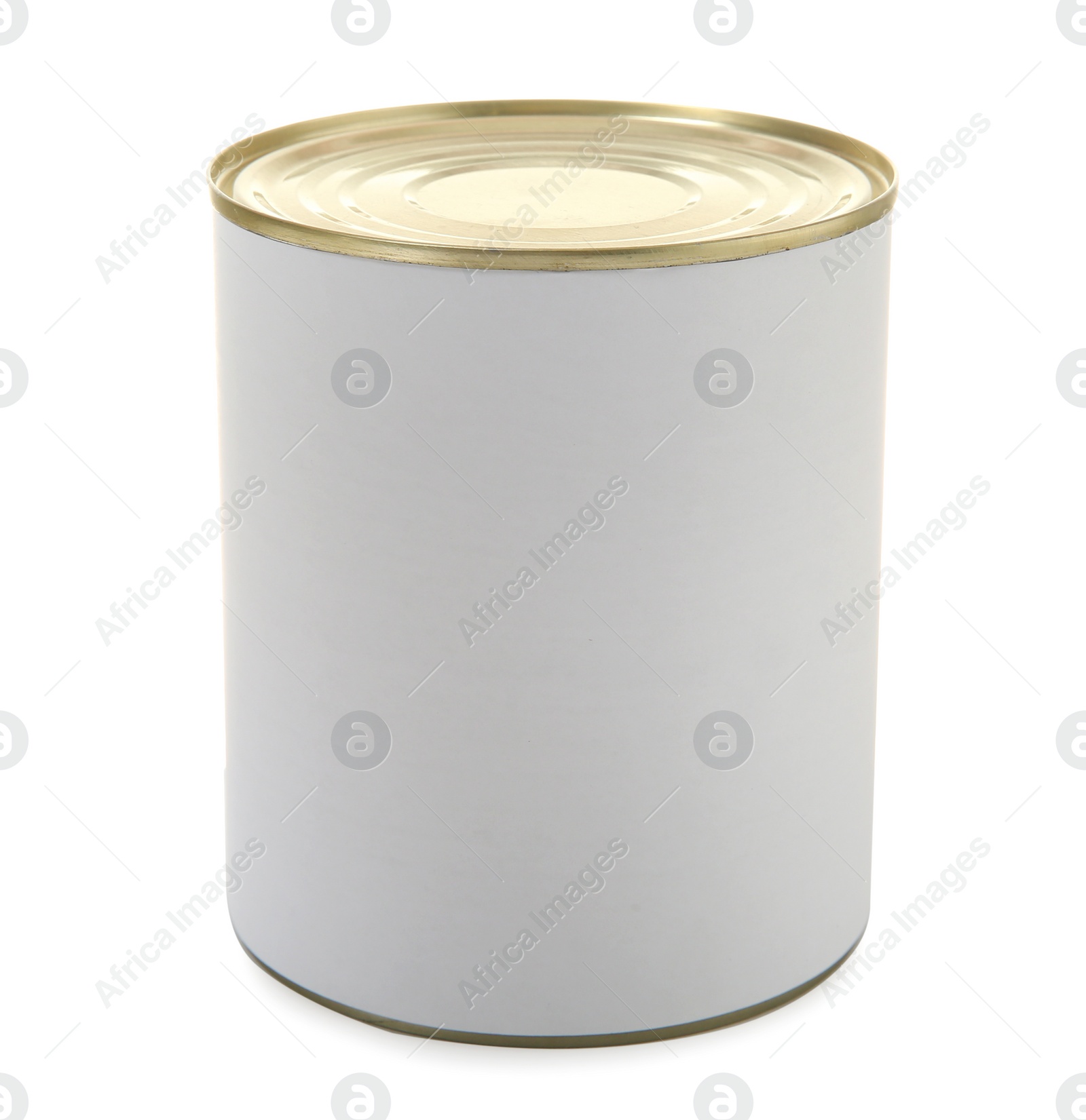 Photo of Closed tin can isolated on white, mockup for design