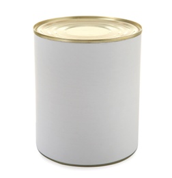 Photo of Closed tin can isolated on white, mockup for design