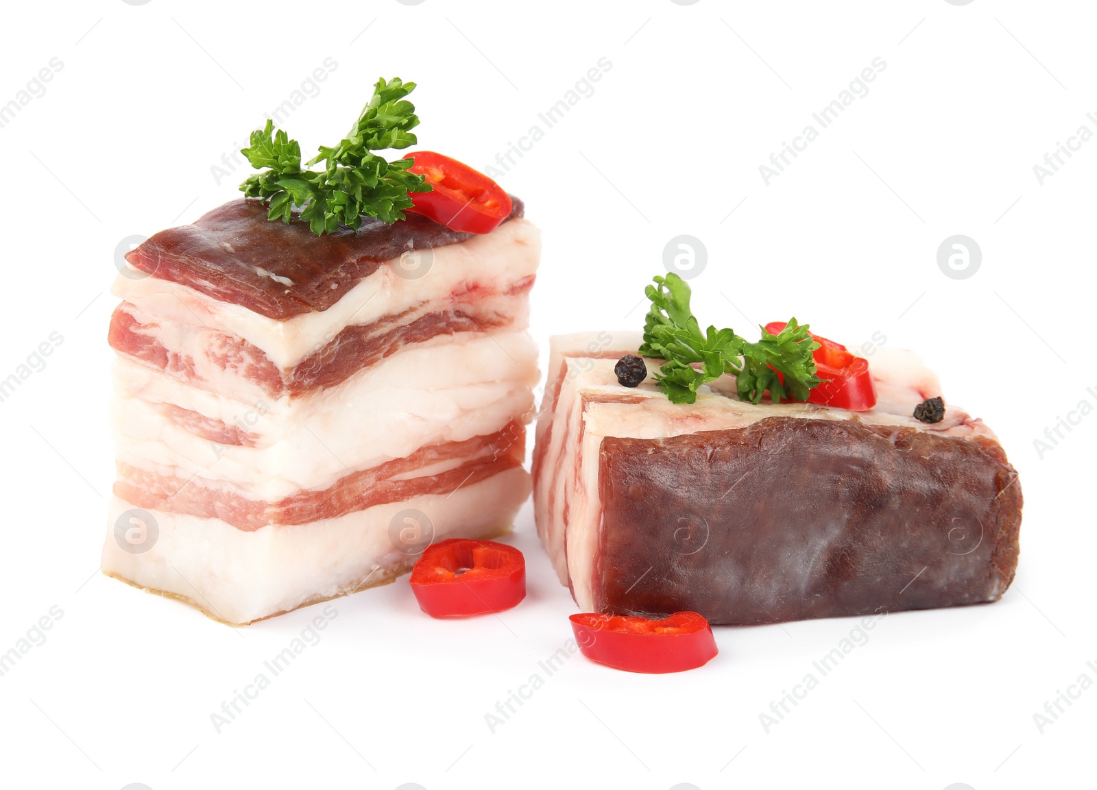 Photo of Bacon with parsley and chili pepper isolated on white