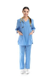 Full length portrait of medical assistant with stethoscope on white background