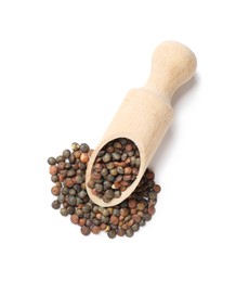 Photo of Wooden scoop with raw lentils isolated on white, top view