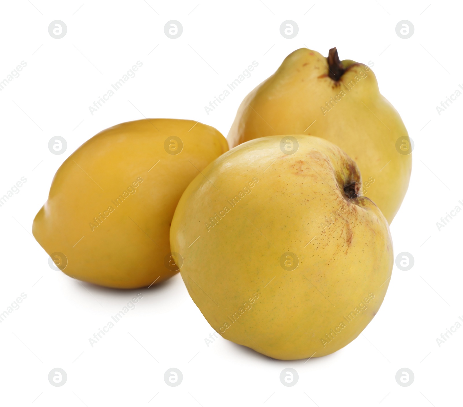 Photo of Delicious ripe fresh quinces on white background, closeup