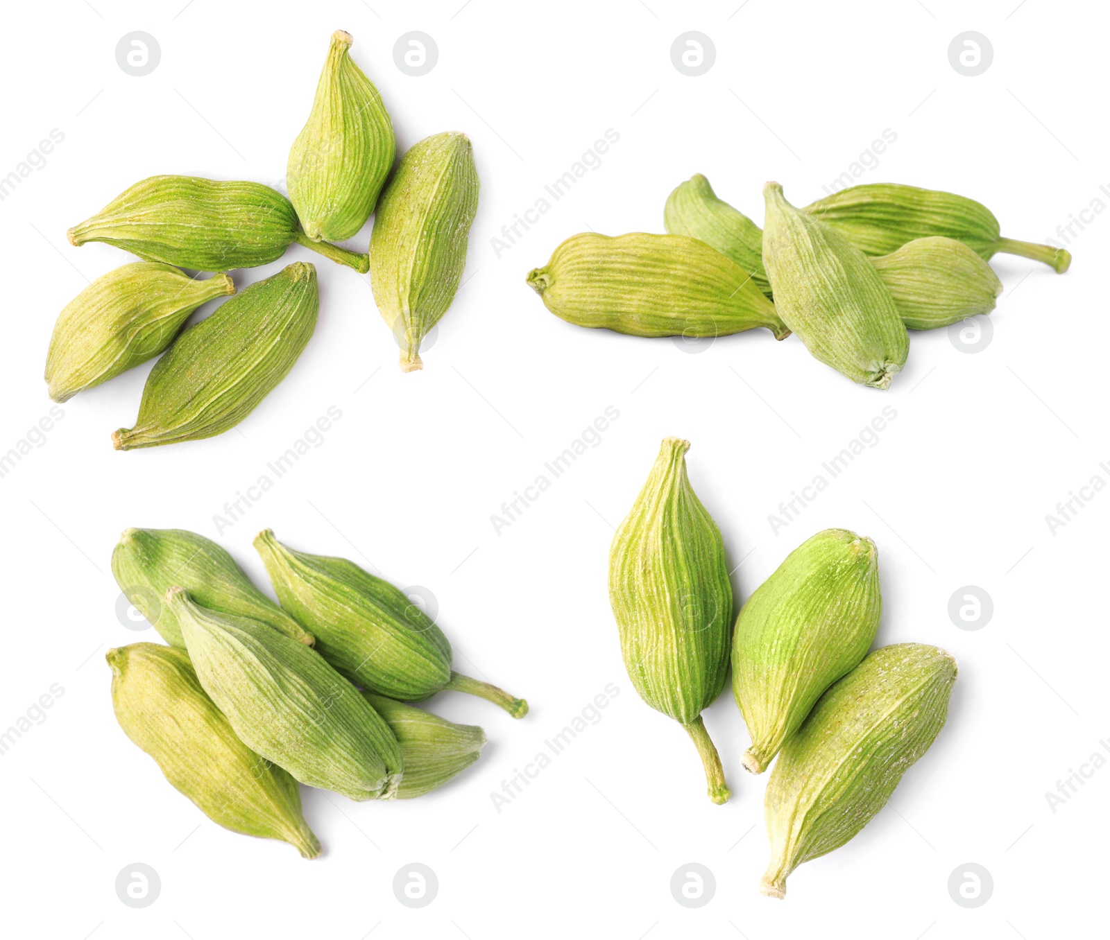 Image of Set with cardamom seeds on white background