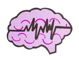 Photo of Paper brain cutout with pulse line on white background. Epilepsy awareness