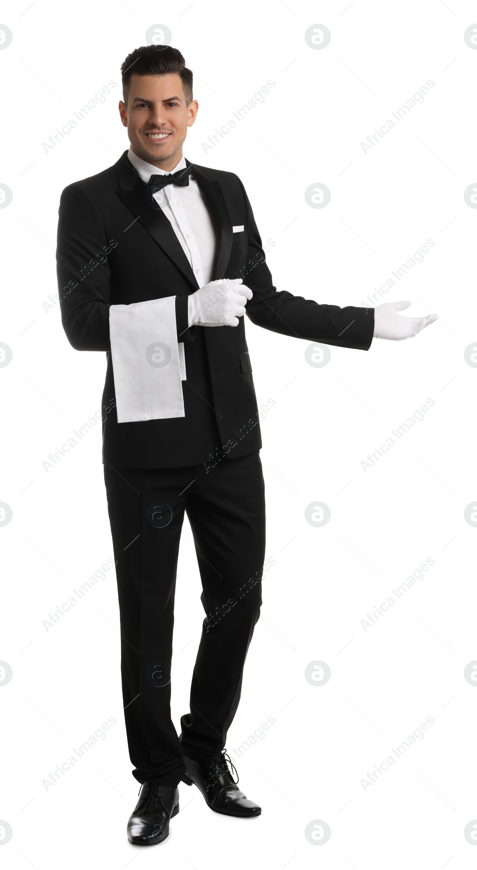 Photo of Handsome butler with towel on white background