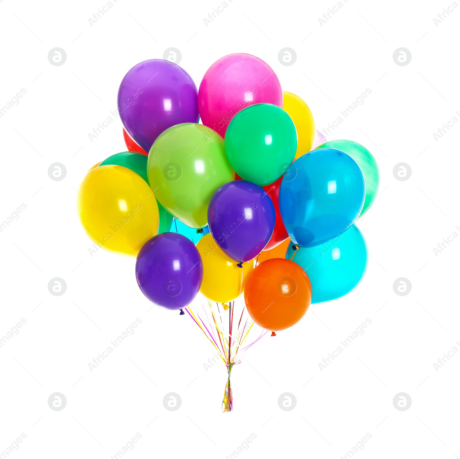 Photo of Bunch of colorful balloons on white background. Festive decor