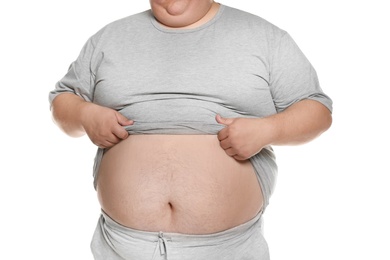 Overweight man posing on white background, closeup