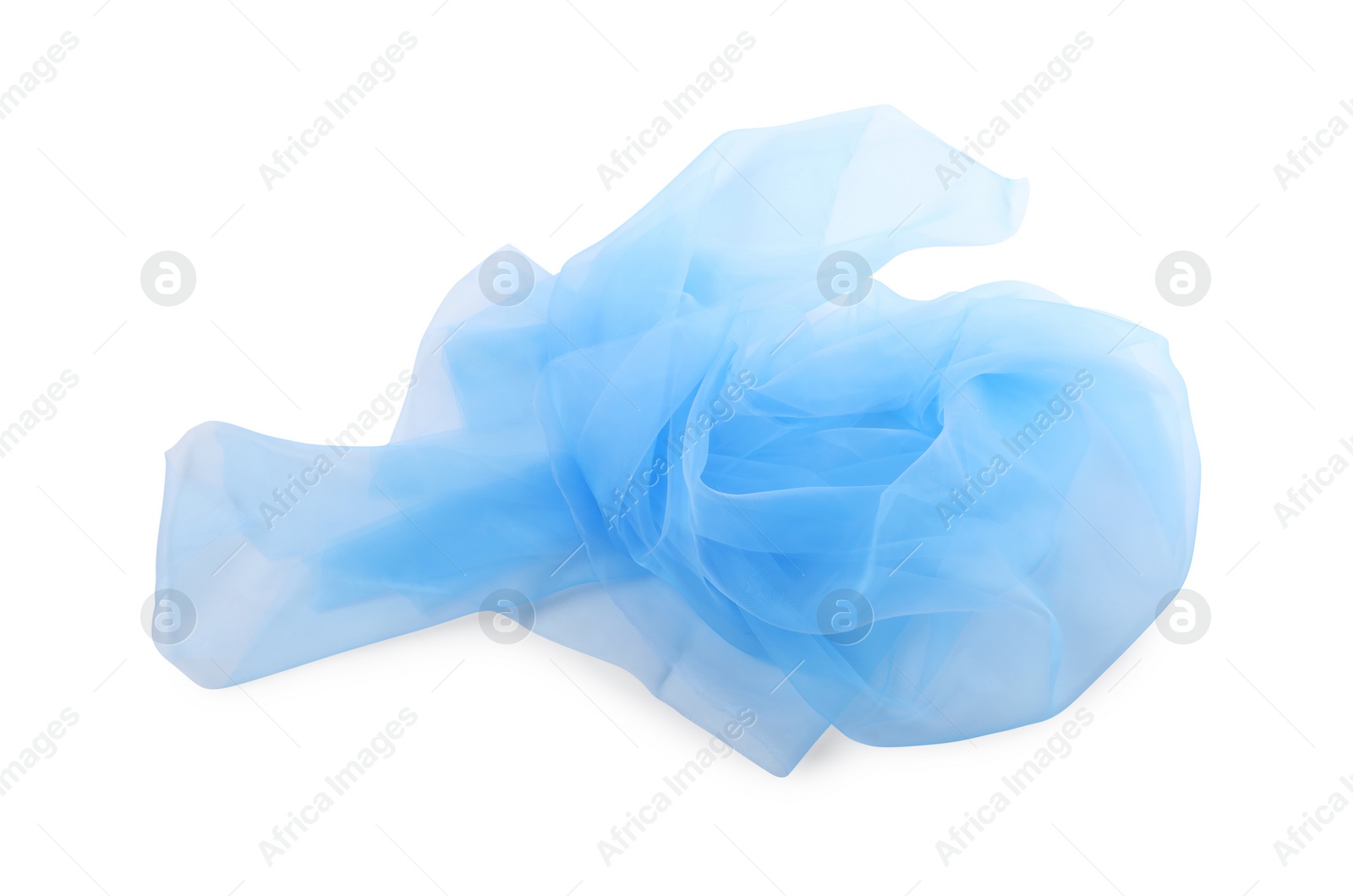 Photo of Beautiful light blue tulle fabric on white background, top view