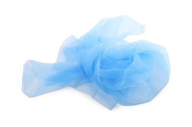 Photo of Beautiful light blue tulle fabric on white background, top view