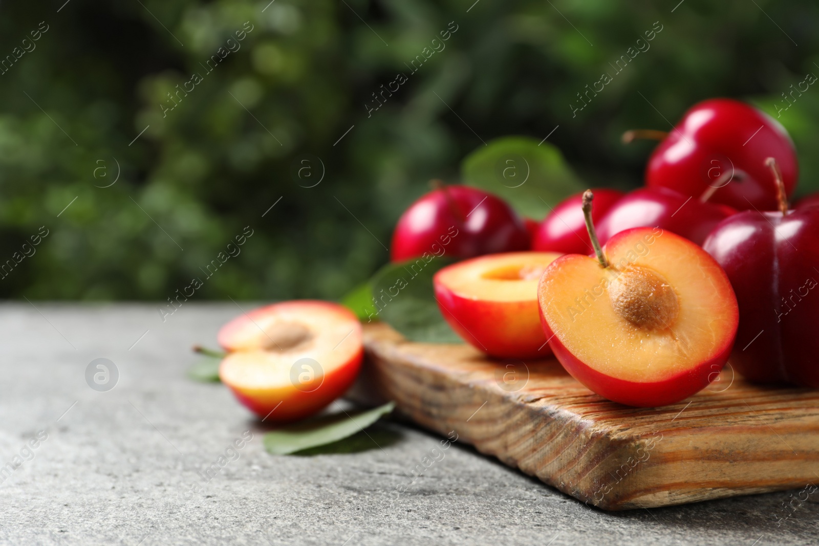 Photo of Fresh ripe cherry plums on grey table outdoors. Space for text