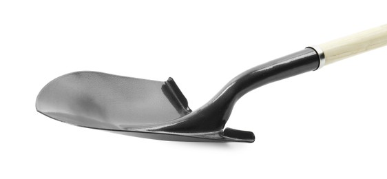 Photo of One new shovel with wooden handle isolated on white. Gardening tool