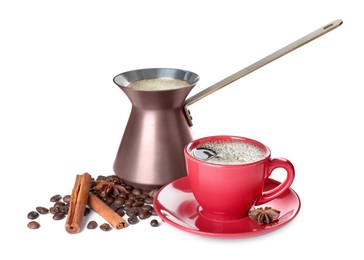 Photo of Hot turkish pot, cup of coffee, beans and spices on white background