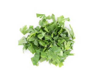 Photo of Heap of chopped parsley leaves isolated on white, top view