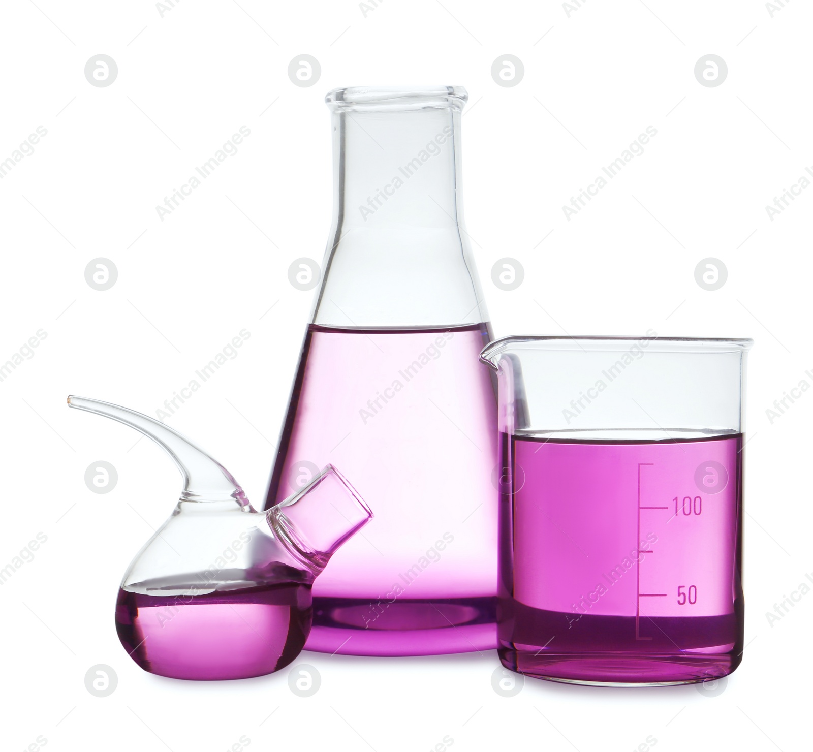 Photo of Laboratory glassware with purple liquid on white background