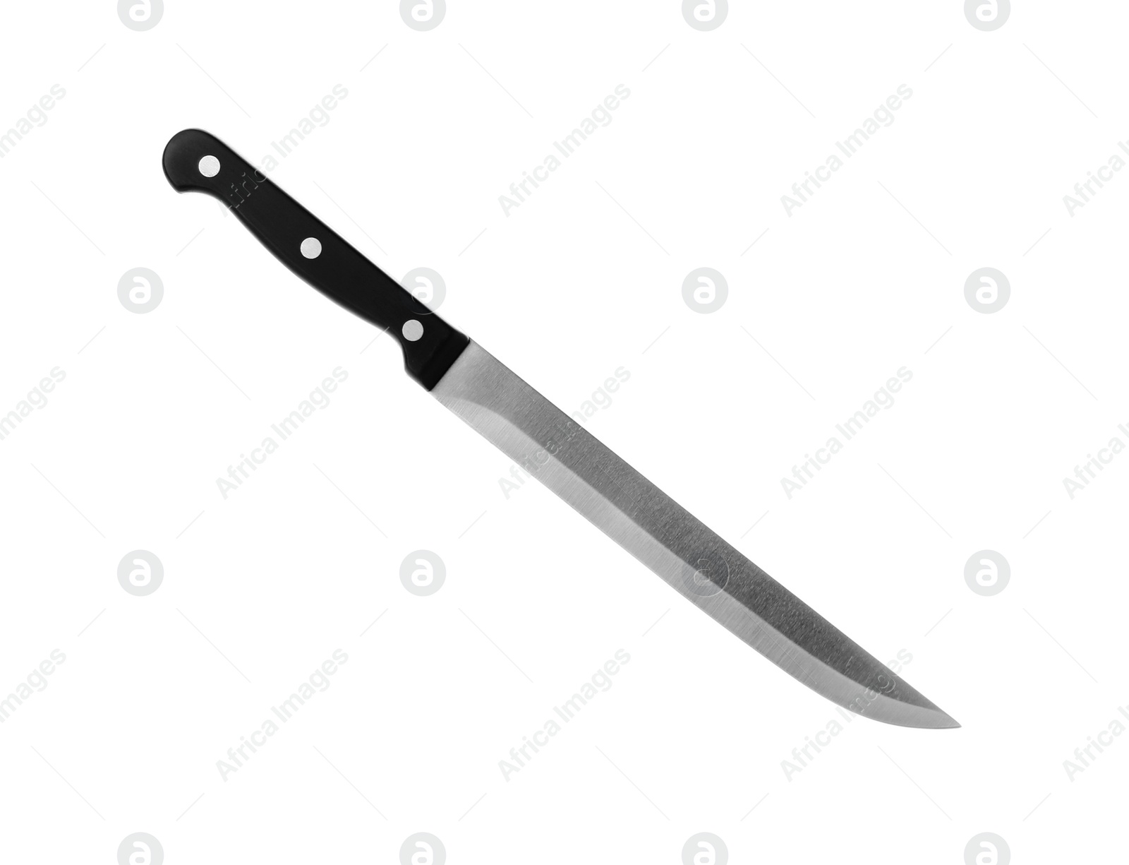 Photo of Sharp slicing knife with black handle isolated on white