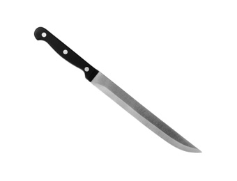 Photo of Sharp slicing knife with black handle isolated on white