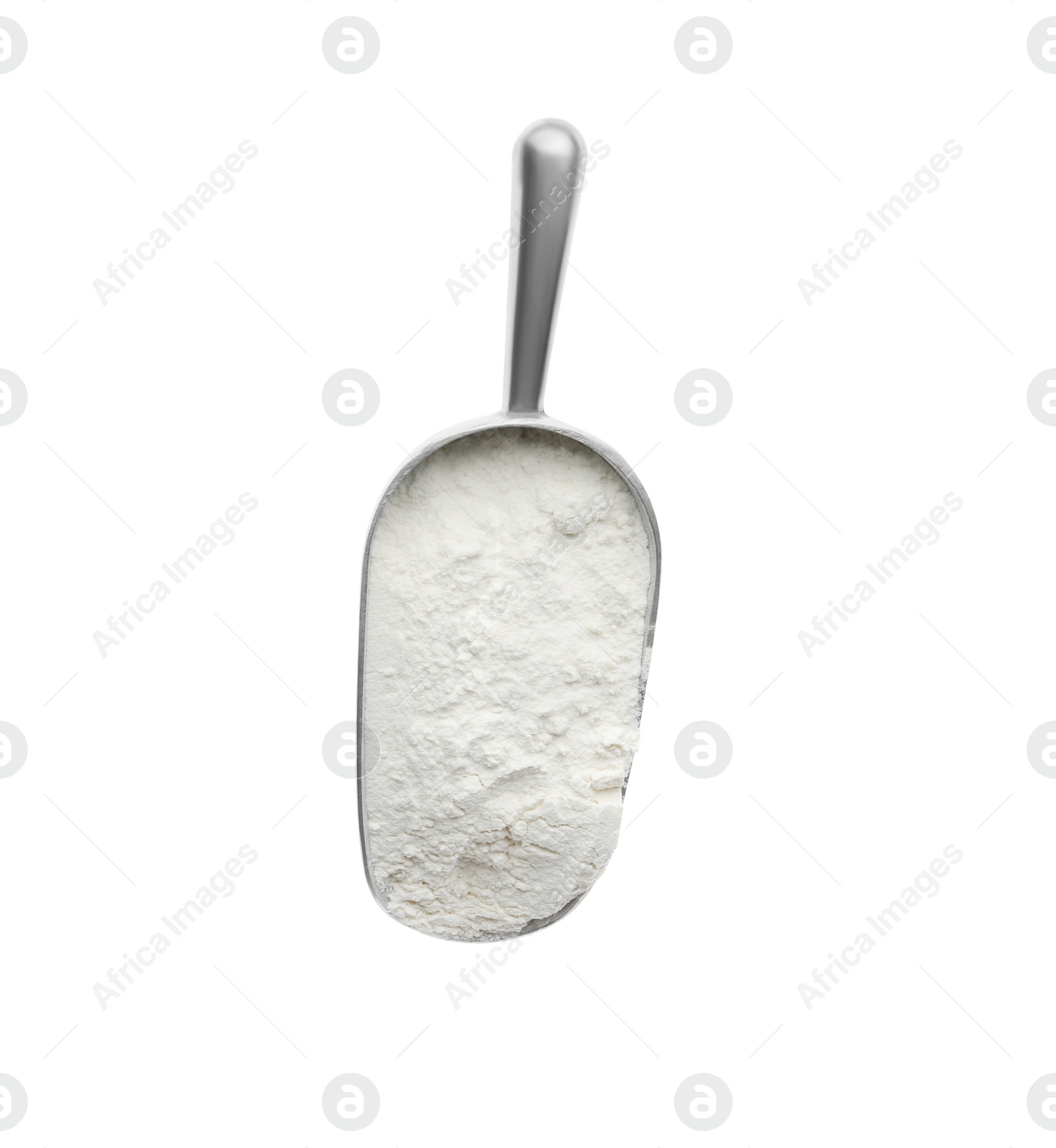 Photo of Scoop with flour isolated on white, top view