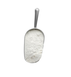 Photo of Scoop with flour isolated on white, top view