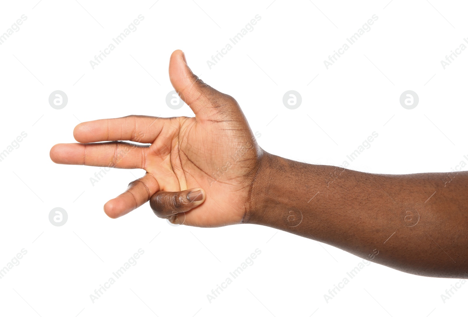 Photo of African-American man showing number THREE on white background, closeup