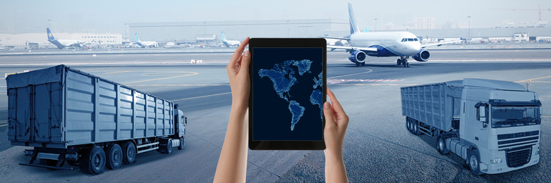 Image of Logistics concept, banner design. Woman using tablet with world map, closeup. Trucks and planes on background, toned in blue