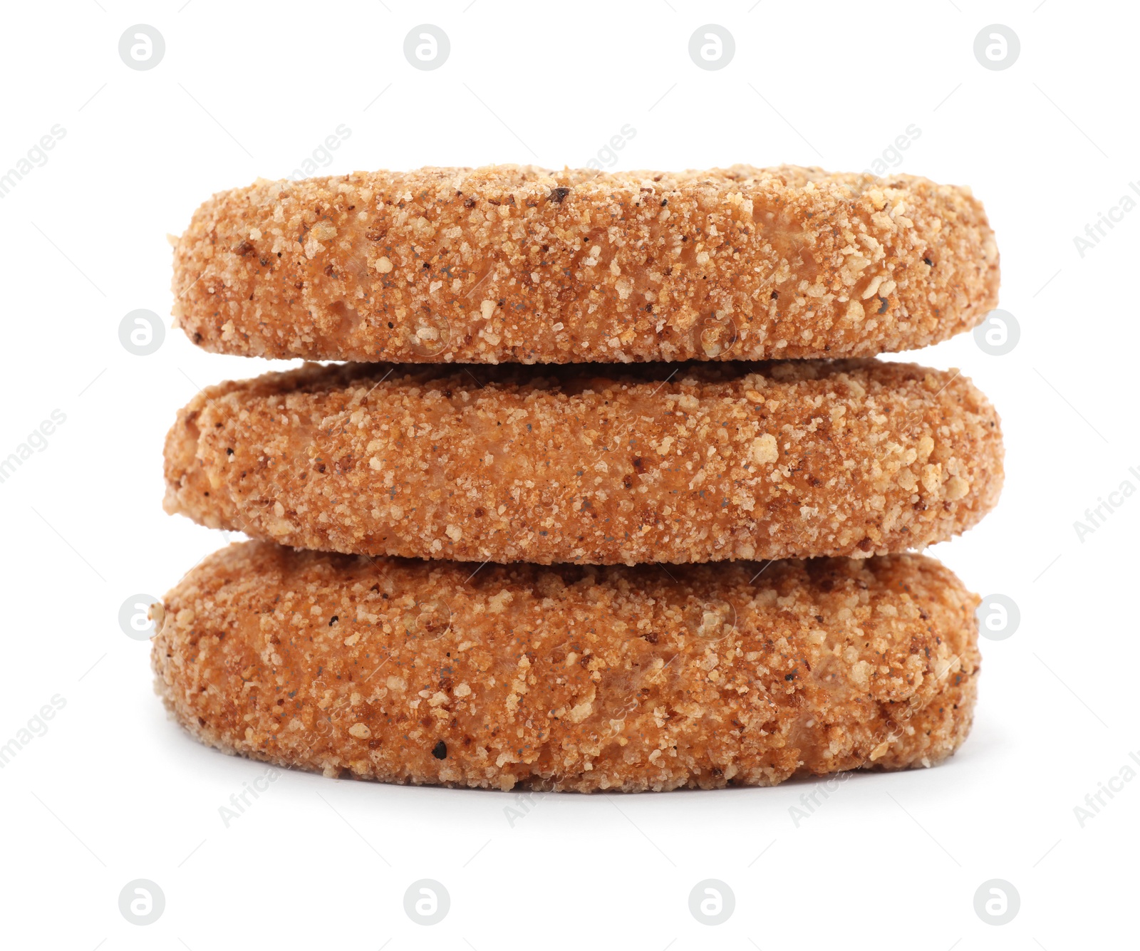 Photo of Stack of vegan cutlets with breadcrumbs isolated on white