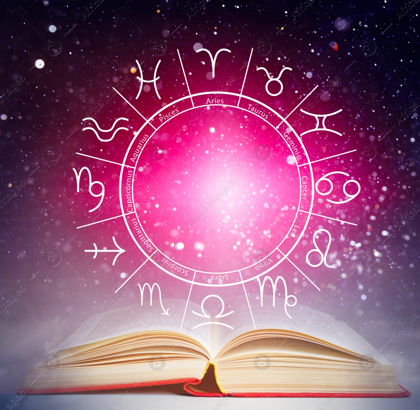 Image of Open book, illustration of zodiac wheel with astrological signs and starry sky at night