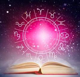 Open book, illustration of zodiac wheel with astrological signs and starry sky at night