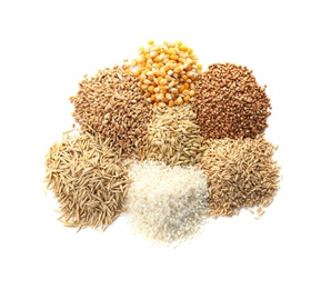 Photo of Different types of grains and cereals on white background