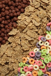 Photo of Different types of dry breakfast as background, top view