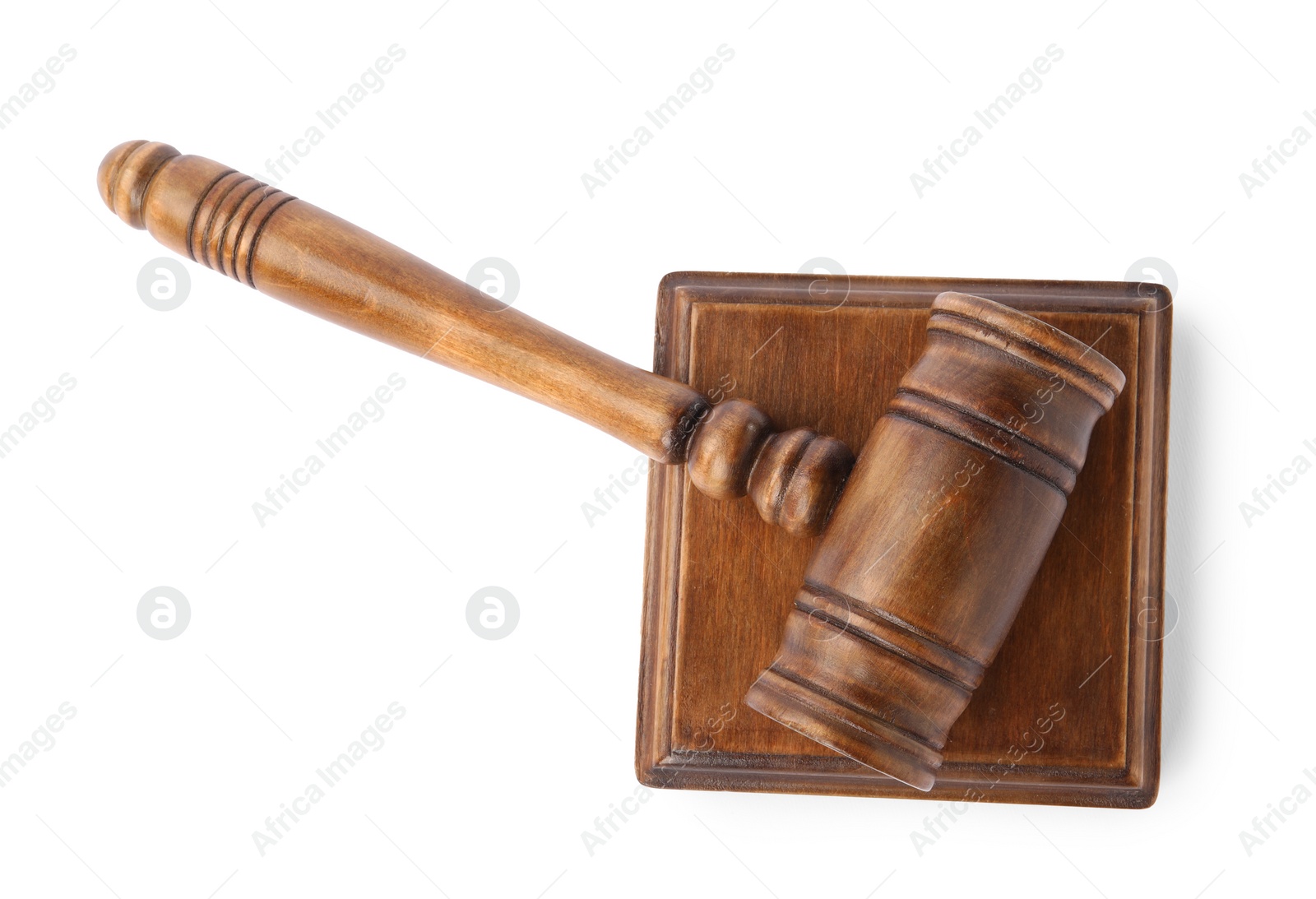 Photo of Wooden gavel isolated on white, top view. Small mallet