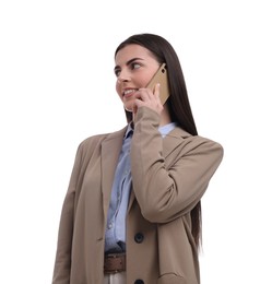 Beautiful businesswoman talking on smartphone against white background