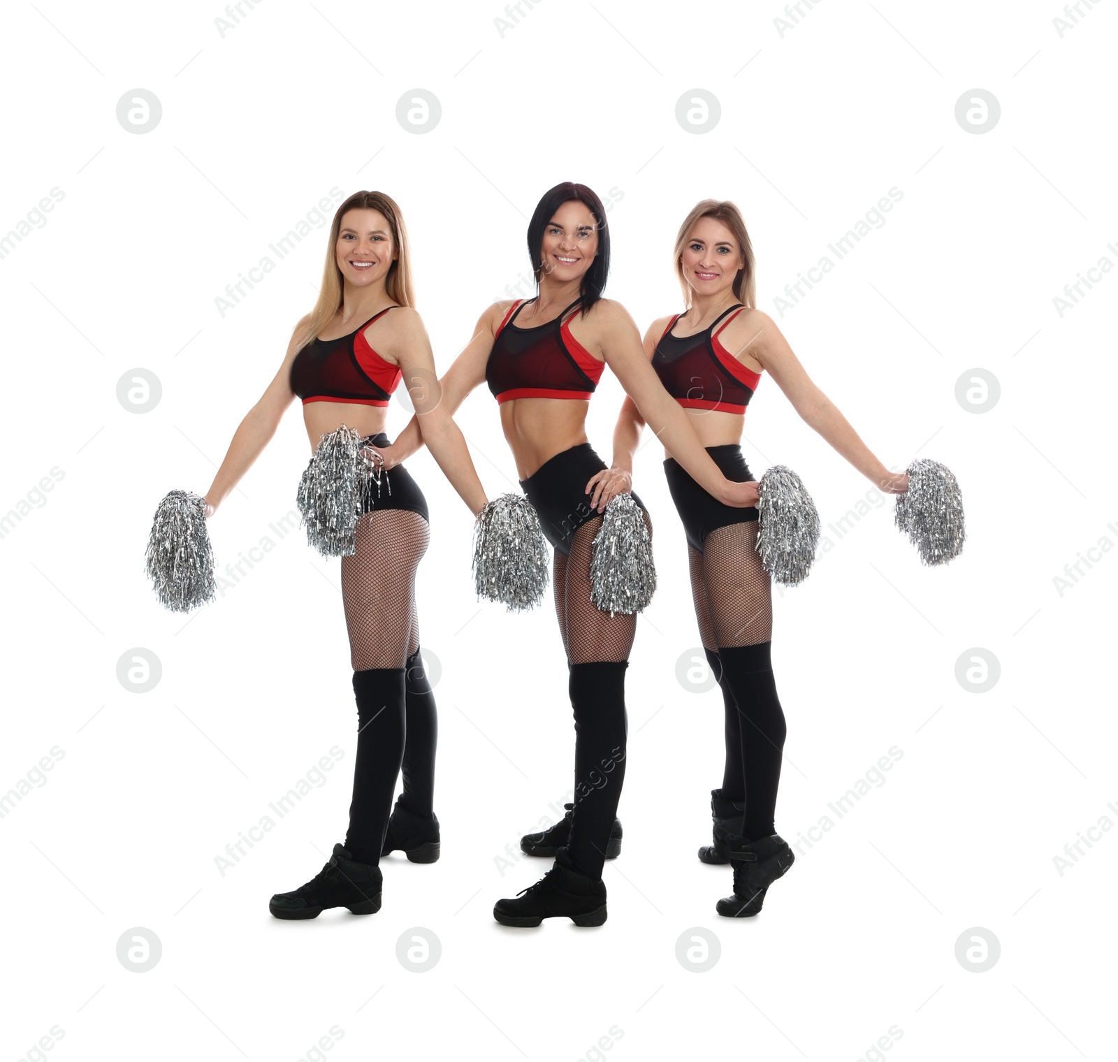 Photo of Group of beautiful cheerleaders on white background