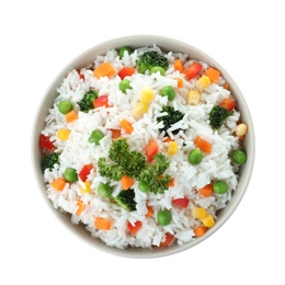 Photo of Bowl with tasty rice and vegetables on white background, top view