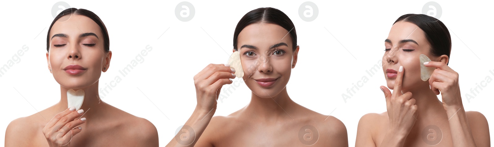 Image of Collage with portraits of beautiful woman doing facial massage with gua sha tool on white background