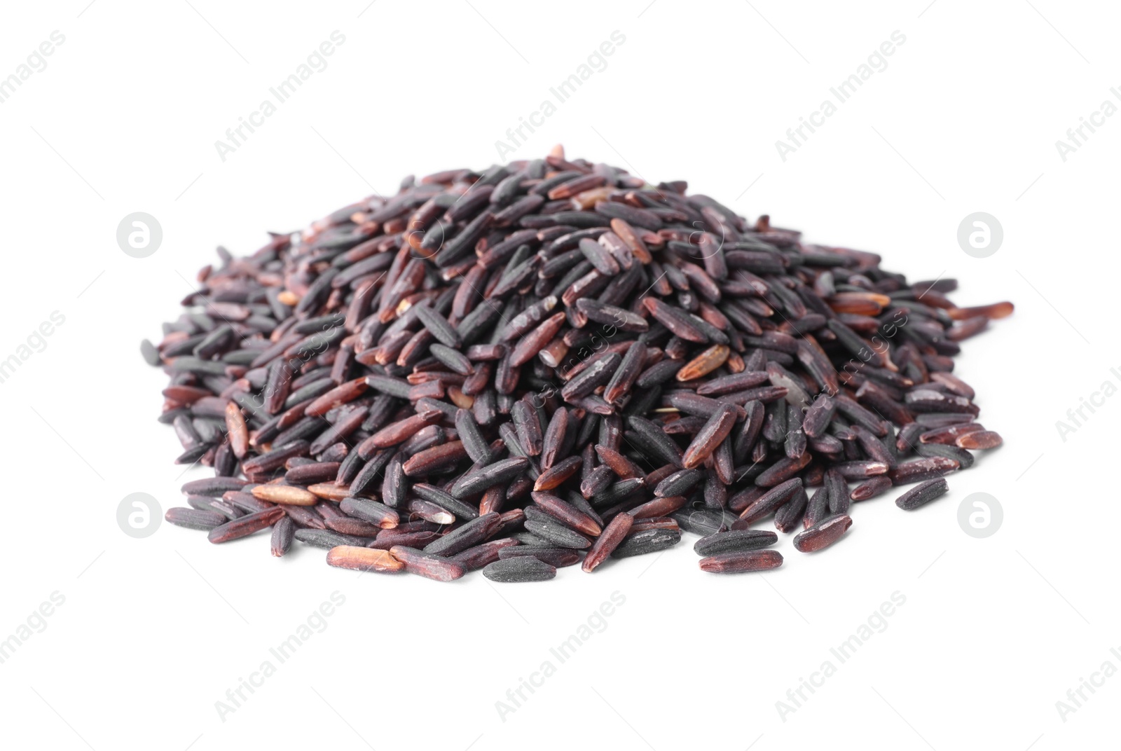 Photo of Uncooked organic brown rice isolated on white