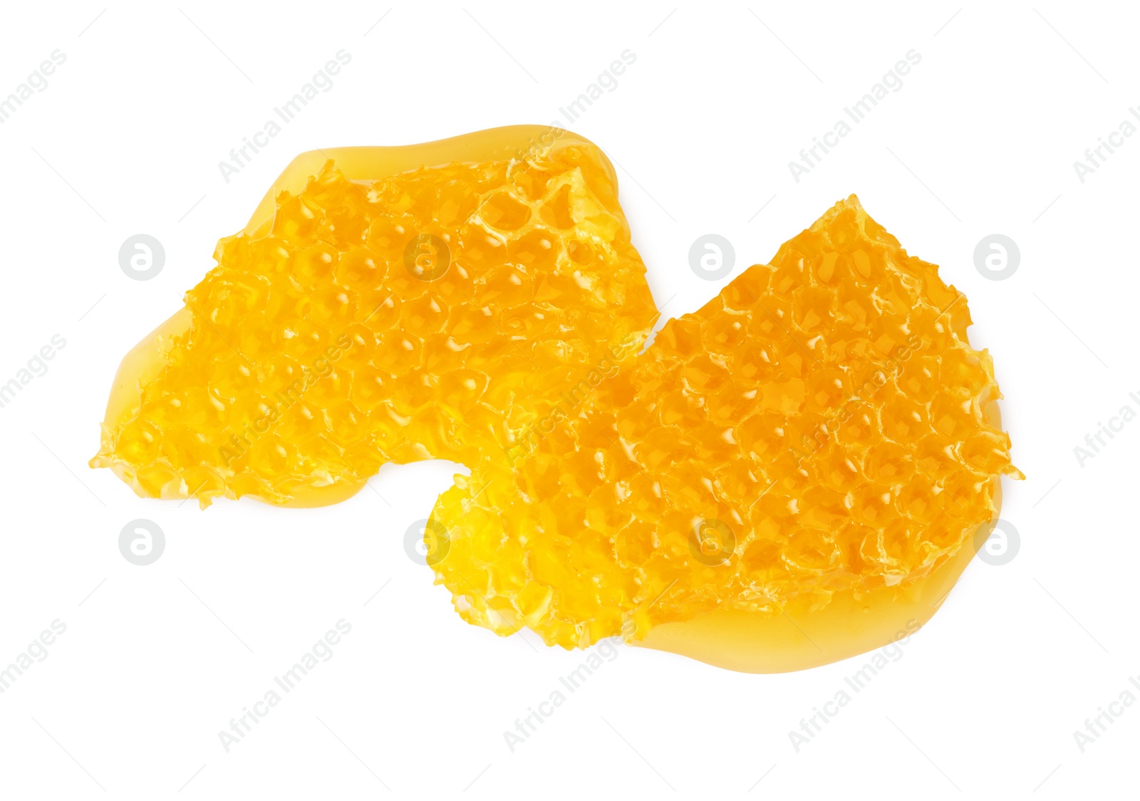 Photo of Pieces of natural honeycomb with tasty honey isolated on white, top view