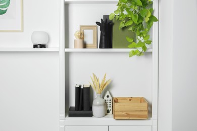 White shelves with books, plants and different decor indoors. Interior design