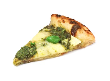 Slice of delicious pizza with pesto, cheese and basil on white background