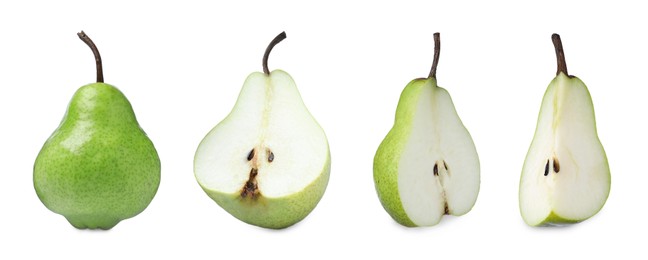 Image of Set with tasty ripe pears on white background. Banner design