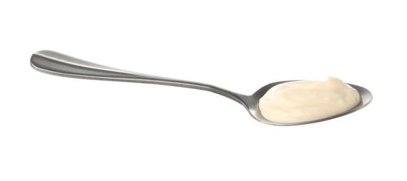 Photo of Spoon with tasty mayonnaise isolated on white