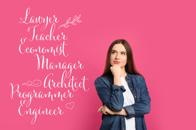 Thoughtful young woman choosing profession on pink background