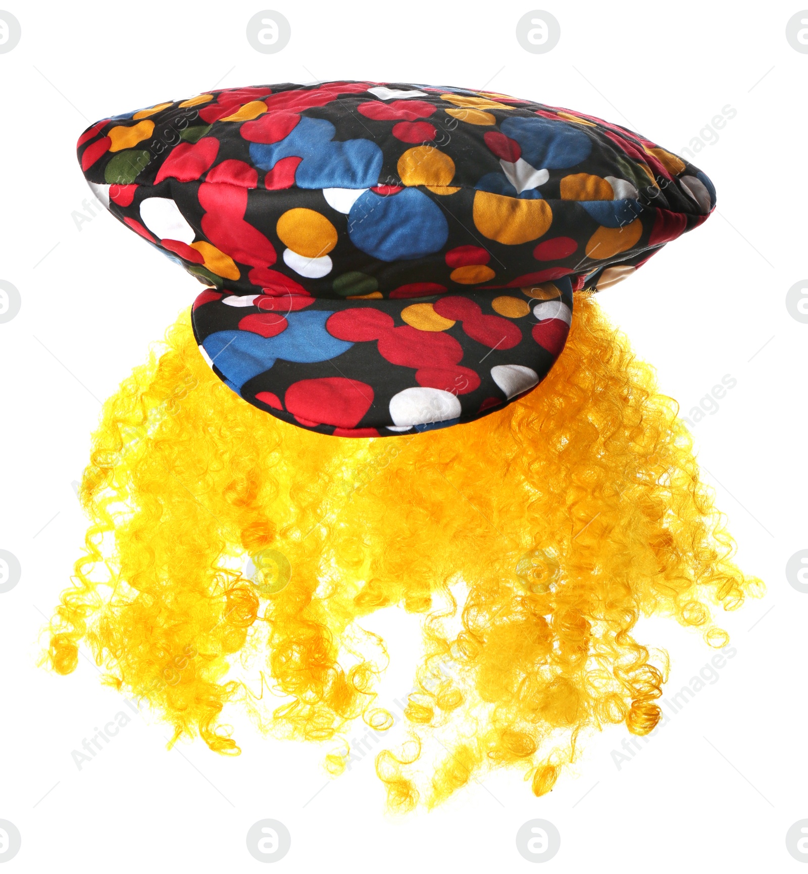 Photo of Funny hat with yellow wig isolated on white. Clown's accessory