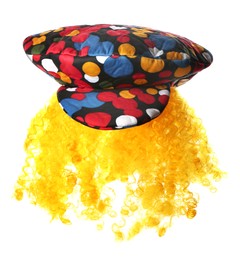 Photo of Funny hat with yellow wig isolated on white. Clown's accessory