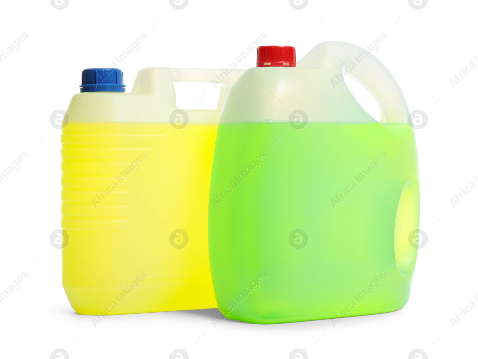 Photo of Plastic canisters with different liquids for car on white background