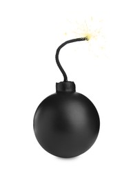 Photo of Old fashioned black bomb with lit fuse on white background