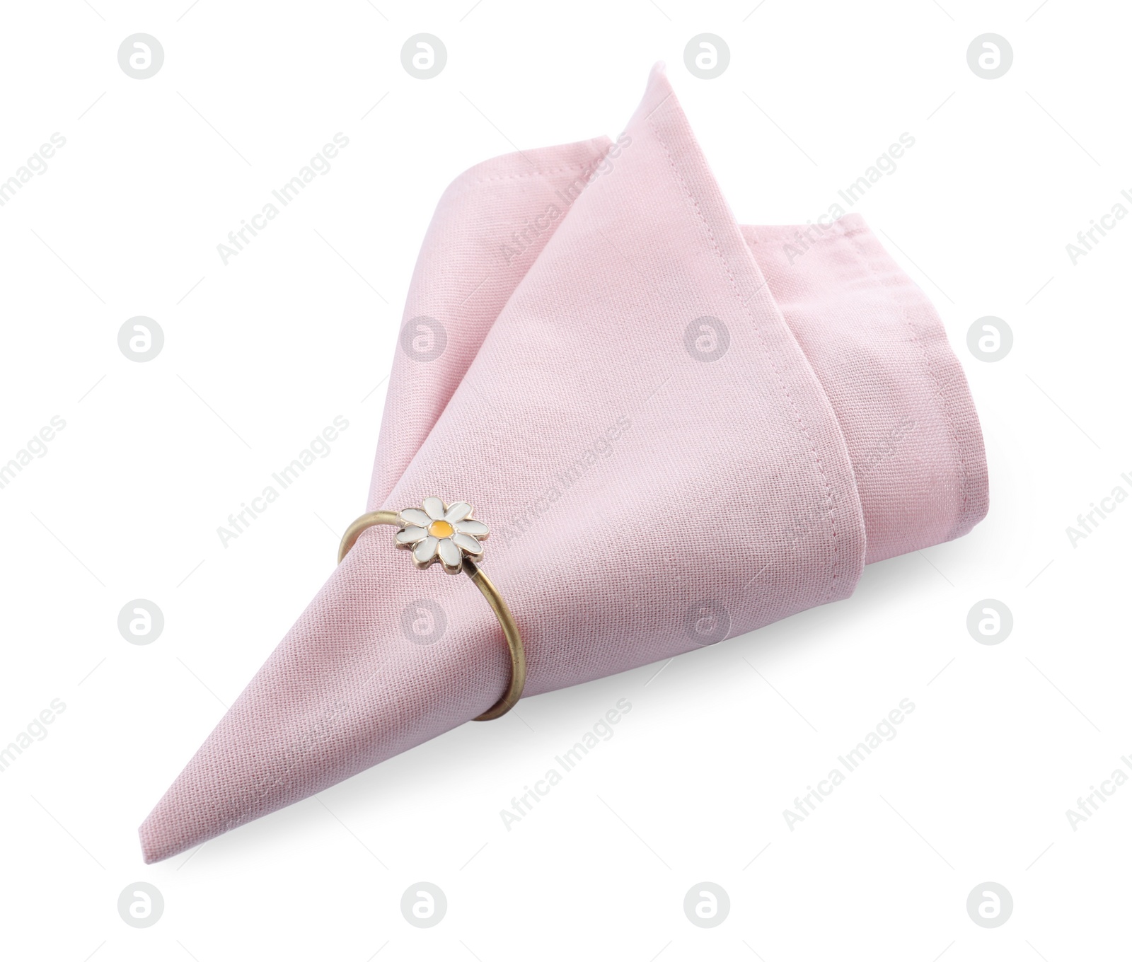 Photo of Fabric napkin with decorative ring for table setting on white background