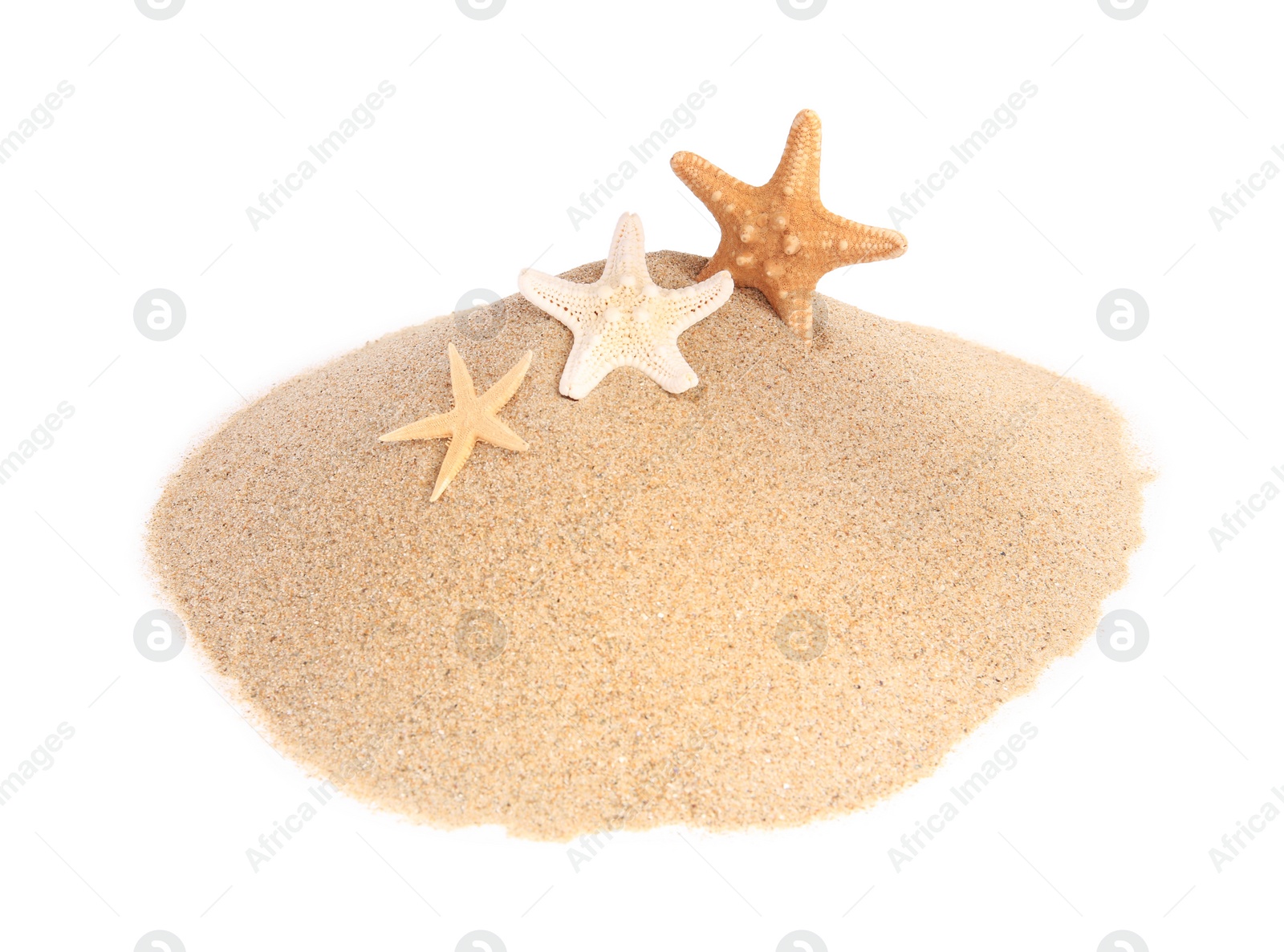Photo of Sand with many beautiful sea stars isolated on white