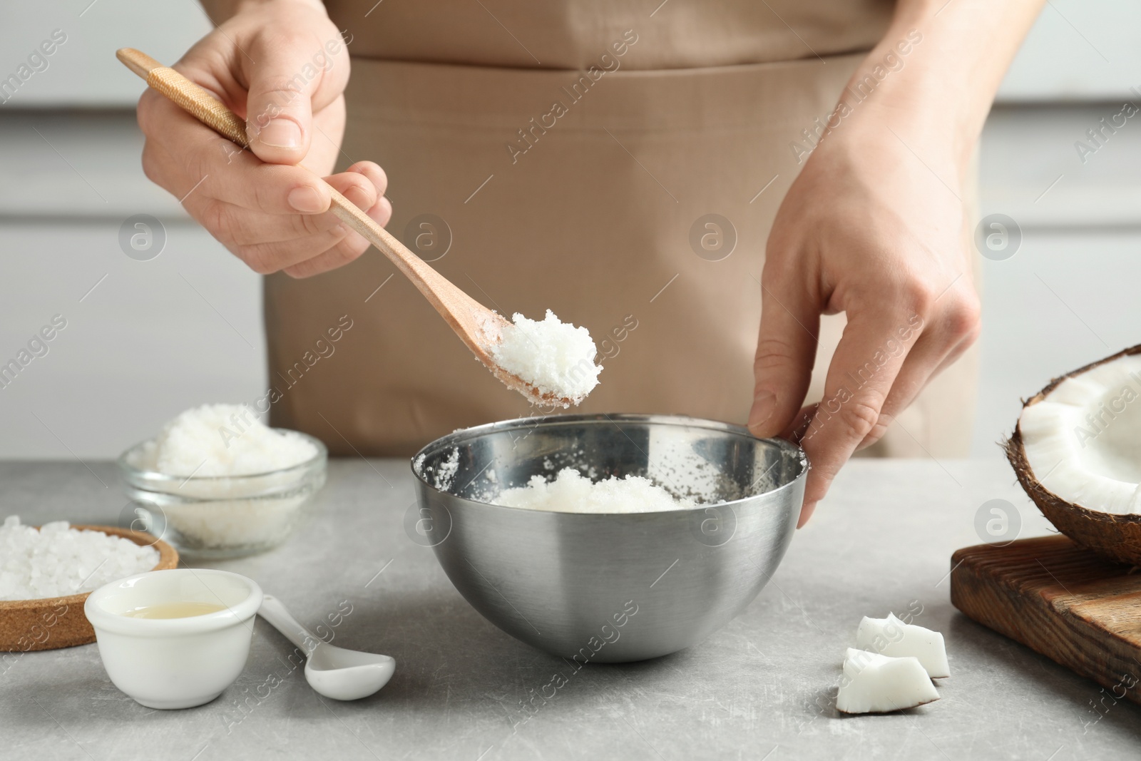 Photo of Woman preparing natural body scrub